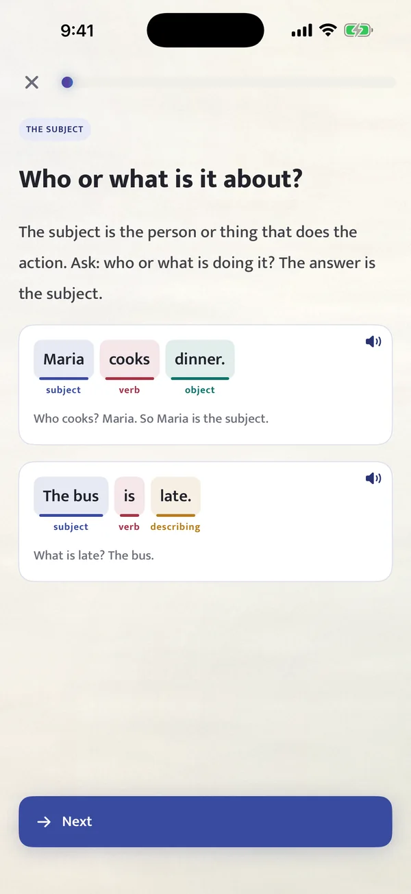 A lesson card titled 'Who or what is it about?' with two example sentences marked in colour.