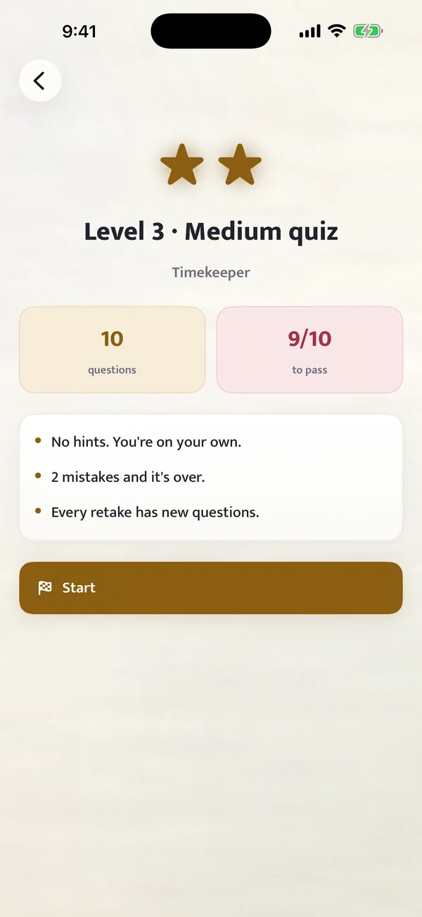 The start screen of a Level 3 Medium quiz: ten questions, no hints, new questions on every retake.